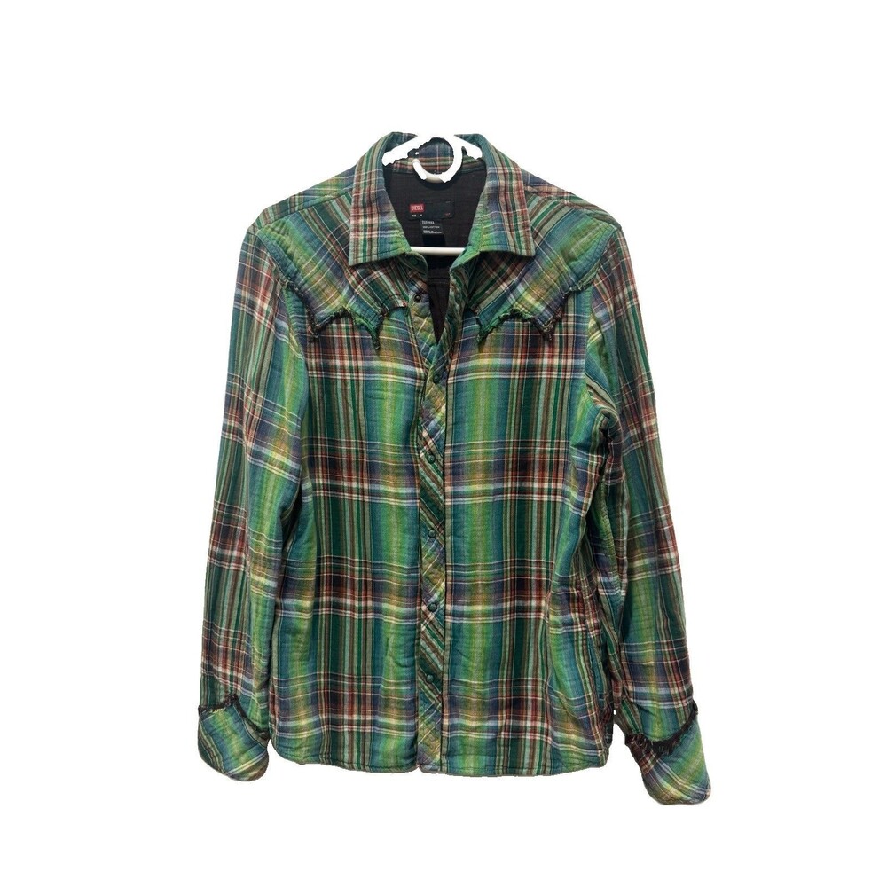Diesel Green Plaid Western Snap Shirt size M men cowboy cotton fringe seams vtg - Picture 2 of 9